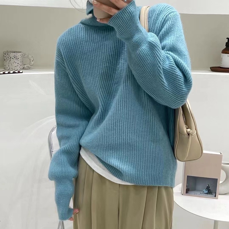 Autumn winter new soft and sticky pullover loose long sleeved solid color simple high neck lazy style knitted sweater top for women dongdumaoyi