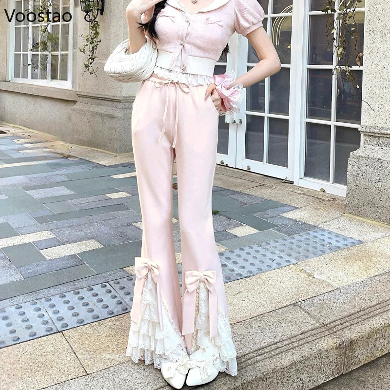 Pink Sweet Lolita Style Pants Women Vintage Kawaii Bow Lace Ruffles Flared Pants Female Korean Elegant Casual Fairy Trousers 240809