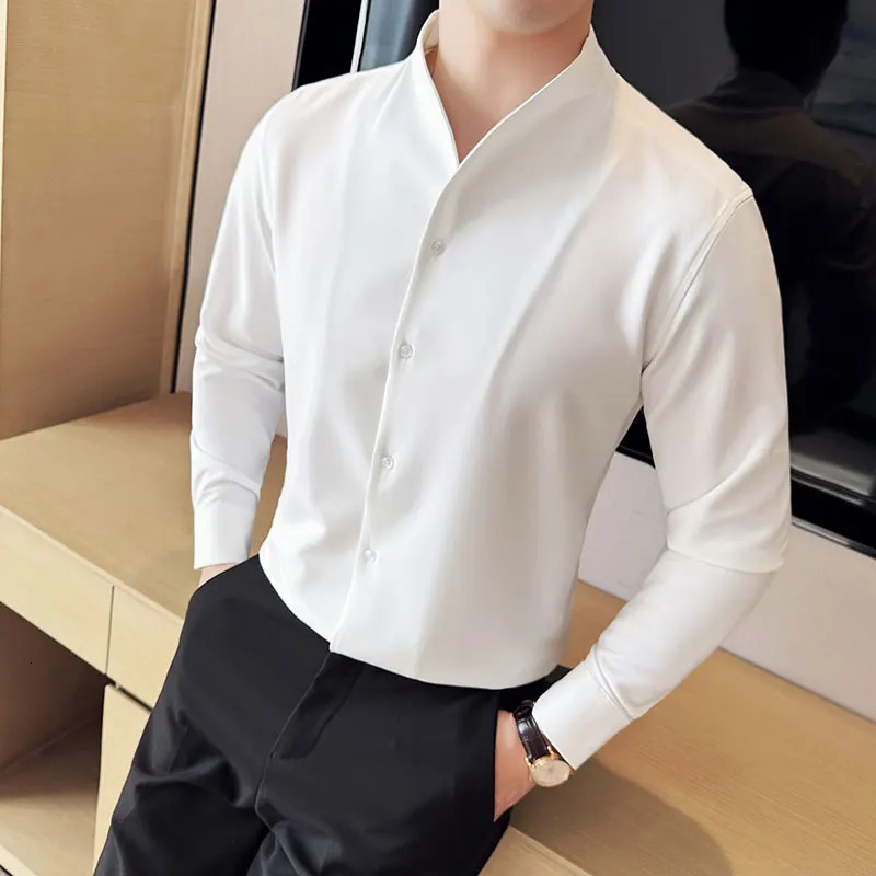 Sexy V-neck Shirt Mens Long Sleeved Casual Shirts Collarless Seamless Business Dress Shirt Social Party Tuxedo Blouse M-4XL 240808