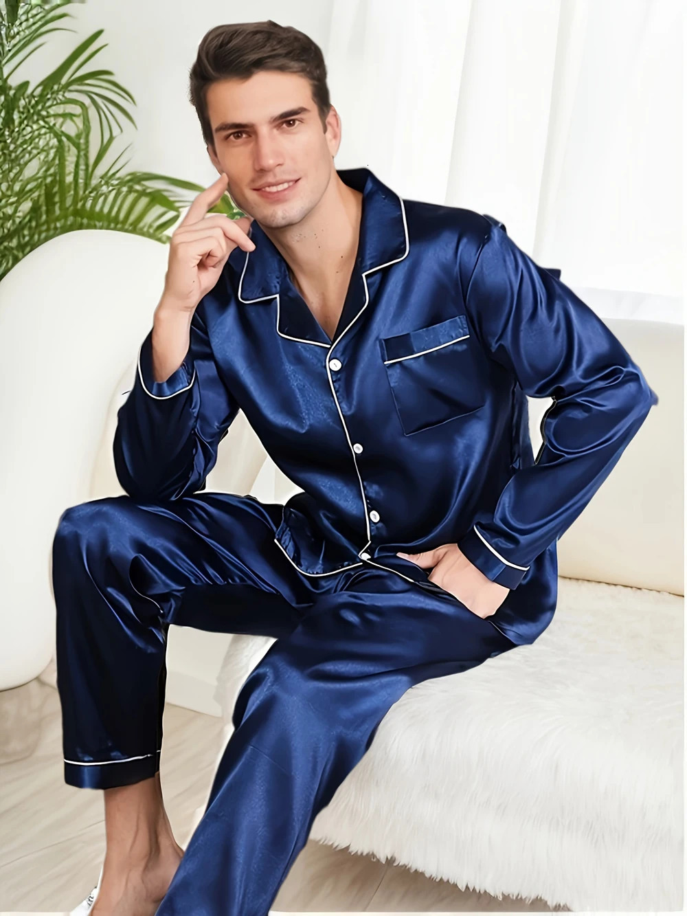 Solid Color Silk Pajamas For Men Long Sleeves Pijama Big size Lounge Male Home Night Wear Suit Satin Pyjama Mens Pajama Sets 240808