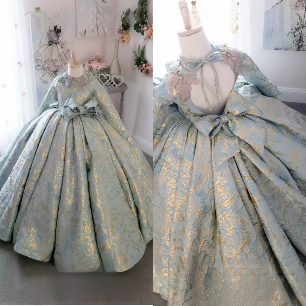 Gown Vintage Ball New Wer Girls Dresses Long Sleeve Appliqued Beads Girl Pageant Big Bow Kids Prom Dress Bc19332 0213