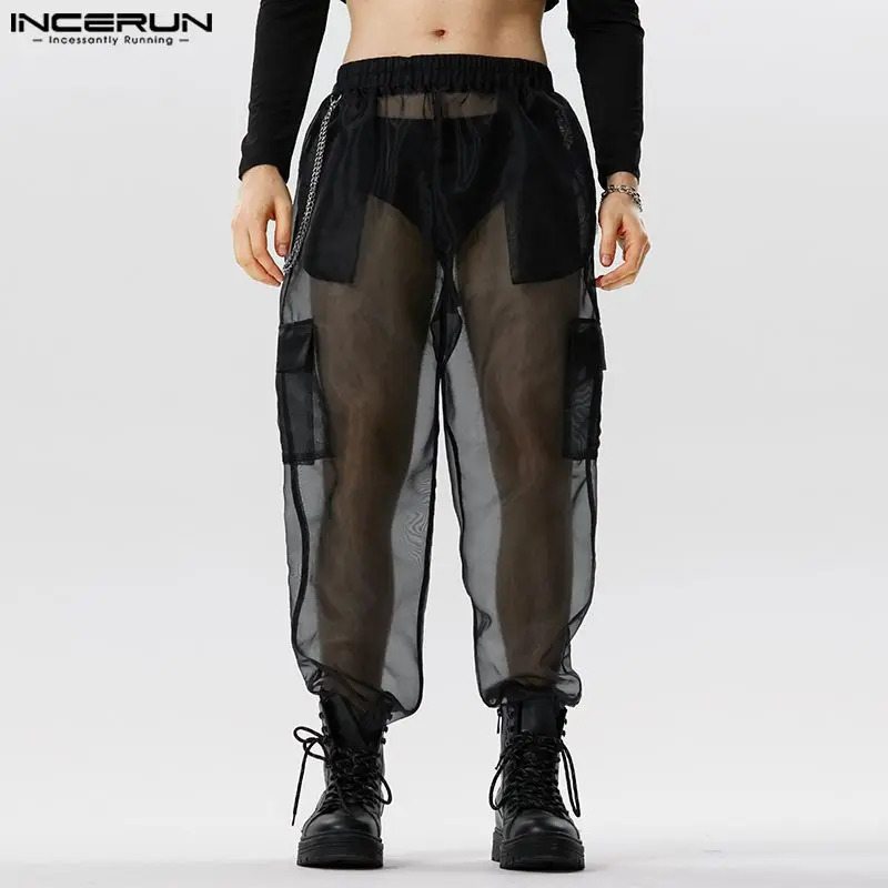 Fashion Men Pants Mesh Transparent Joggers Sexy Elastic Waist Trousers Men Loose Pockets Streetwear Pantalon S-5XL INCERUN 240809