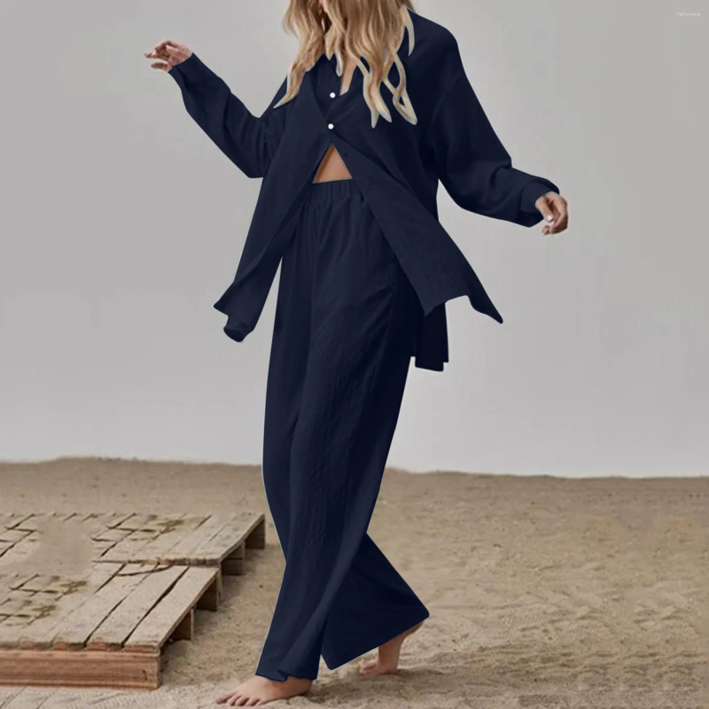 Women's Two Piece Pants Elegant Cotton En Pieces Sets Long Sleeve Shirt And High Waist Trousers Vintage Solid Suits Women Outfits