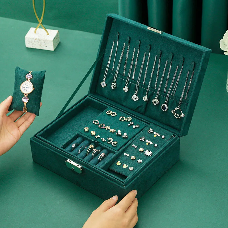 Retro style velvet jewelry box double lock storage necklace watch earring large capacity 240808