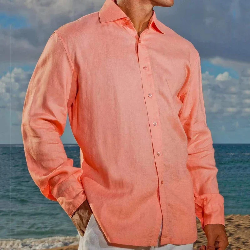 Autumn Cotton Linen Shirts For Men Casual Long sleeved Shirts Blouses Solid Turn-Down Collar Formal Beach Shirts Male Clothing 240808