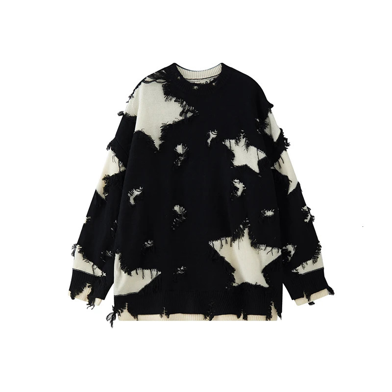 Star Hole sweater niche in the United States primitive edge Tattered style spliced flower mens fashion heavy industry knitted sweater trend240808