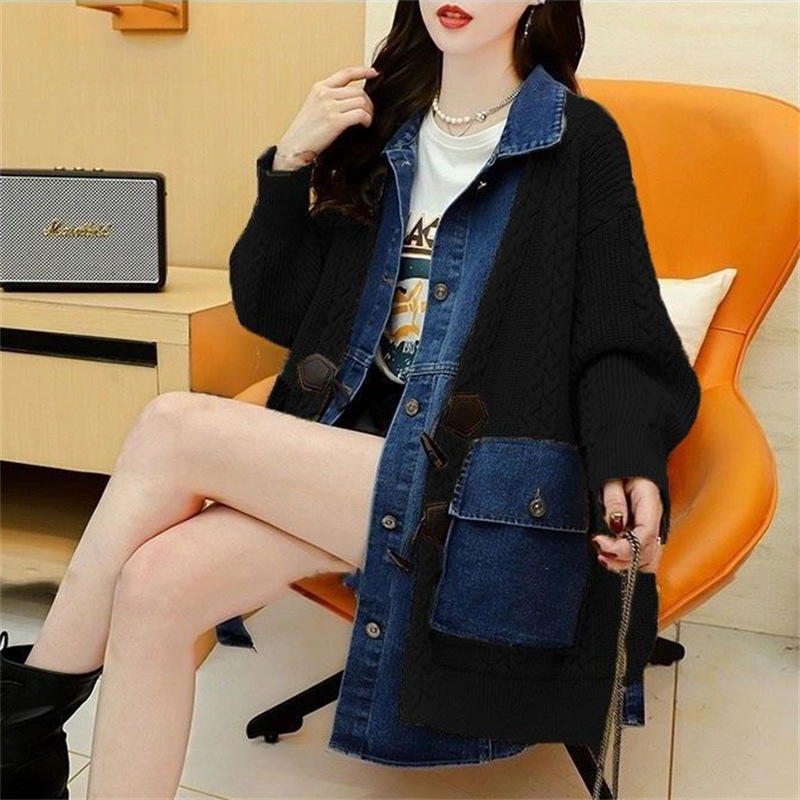 New Spliced Denim Oversized Loose Fake Two-piece Sweater Cardigan for Women Autumn and Winter Lazy Style Knitted Sweater Jacket