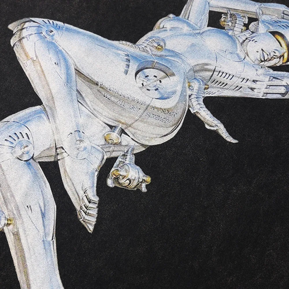 Punk Cool Robot Graphic Print T-shirt for Men Y2K Washed Black Short-sleeve Tops Trend Oversized Round Neck Men and Women Tshirt 240808