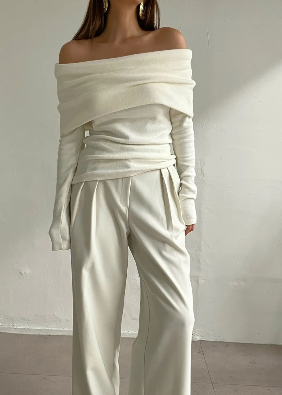Off Shoulder Knit Top for Women Stretchy Cream White Long Sleeve Pullover Sweater Spring Ladies Elegant Outfit 240809
