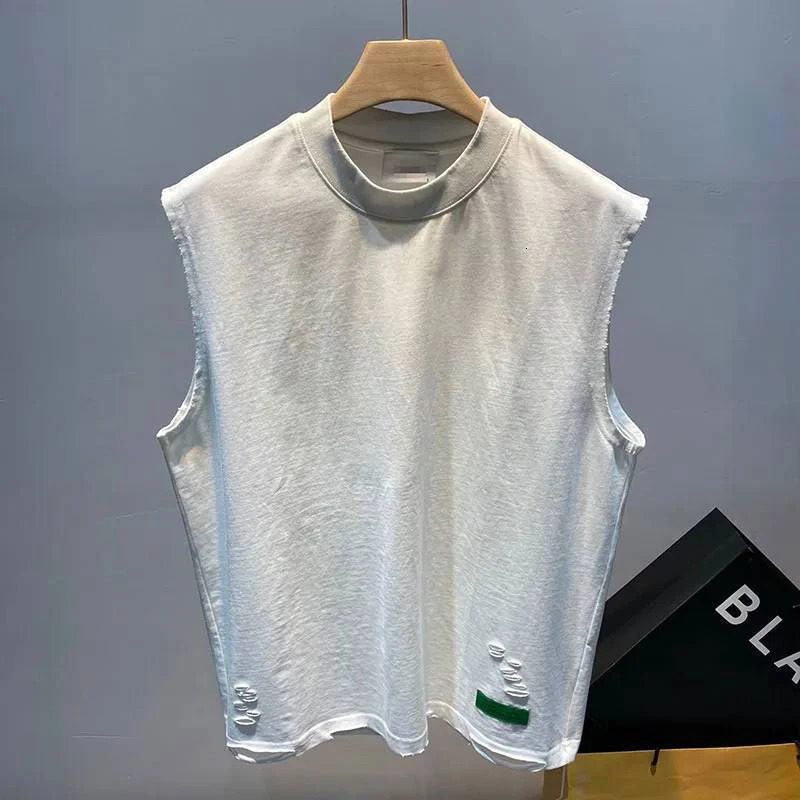 Summer Tear Hole O-neck Mens Tank Top Fashion Personality Casual 2xl Oversized T-shirt Sportswear Daily Street Black and White240808