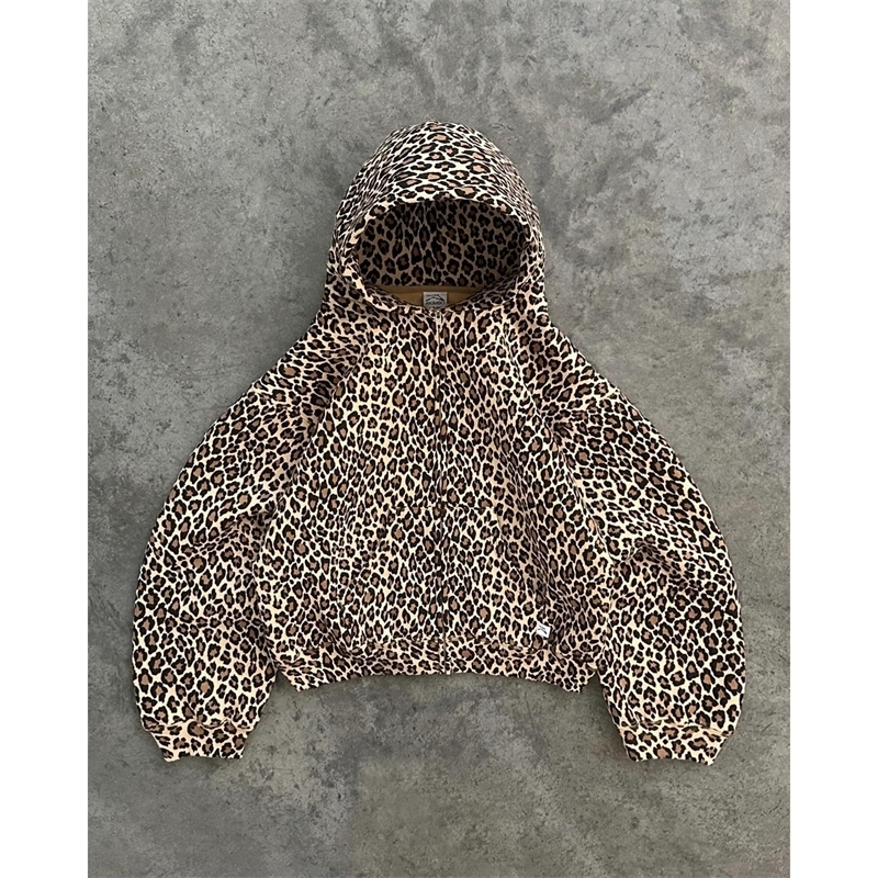 Y2K Retro Leopard Pattern Zip Up Hoodie Men Harajuku Hip Hop Zipper Sweatshirt High Street Oversized Unisex Streetwear 240808