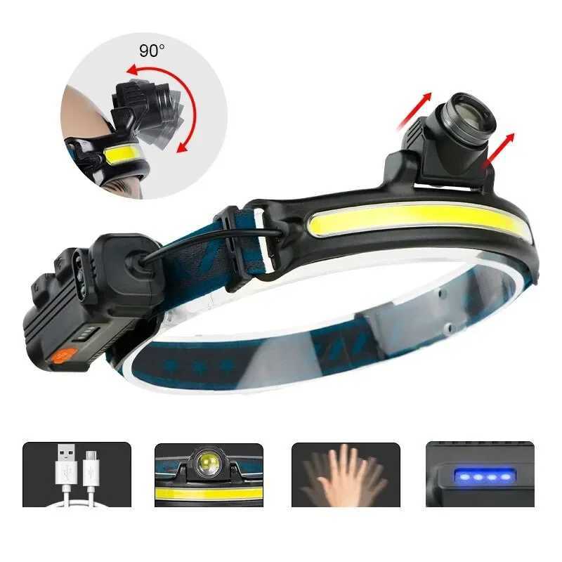 USB Rechargeable Induction Headlamp Zoom COB LED Head Lamp Built in Battery Flashlight Multifunction 6 Modes Head TorchCL240807