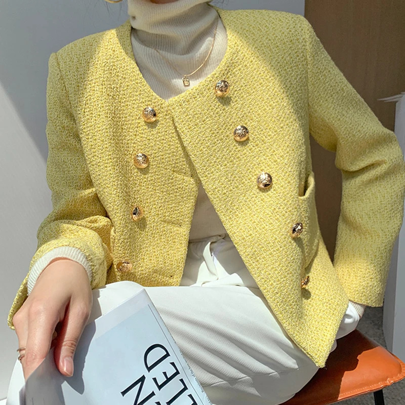 HELIAR Women Tweed Office Elegant Coat Pockets Double-breasted Cardigan Jackets Solid Streetwear Long Sleeve Coat Autumn Winter 240812