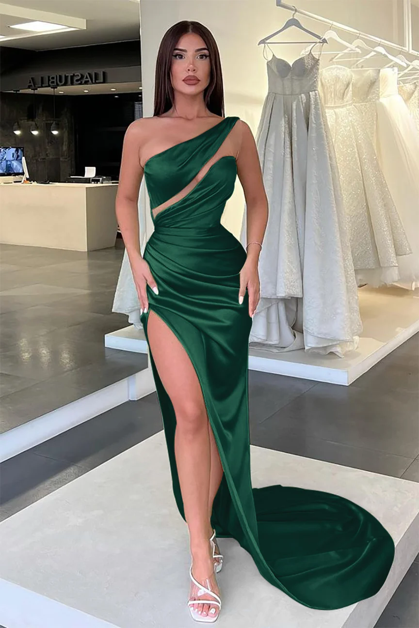 Saudi Arabic Green Evening Dresses Satin One Shoulder Long Women Prom Gowns Formal Party Dress Leg Slit Robes De Soiree