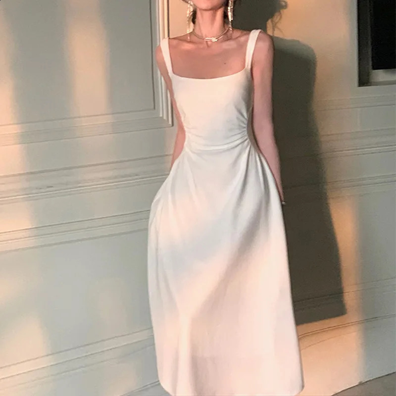 Summer Evening Party White Midi Dress Office Lady Slim Sexy Sleeveless Strap Dress Beach Style Women One Piece Dress Korean 240809