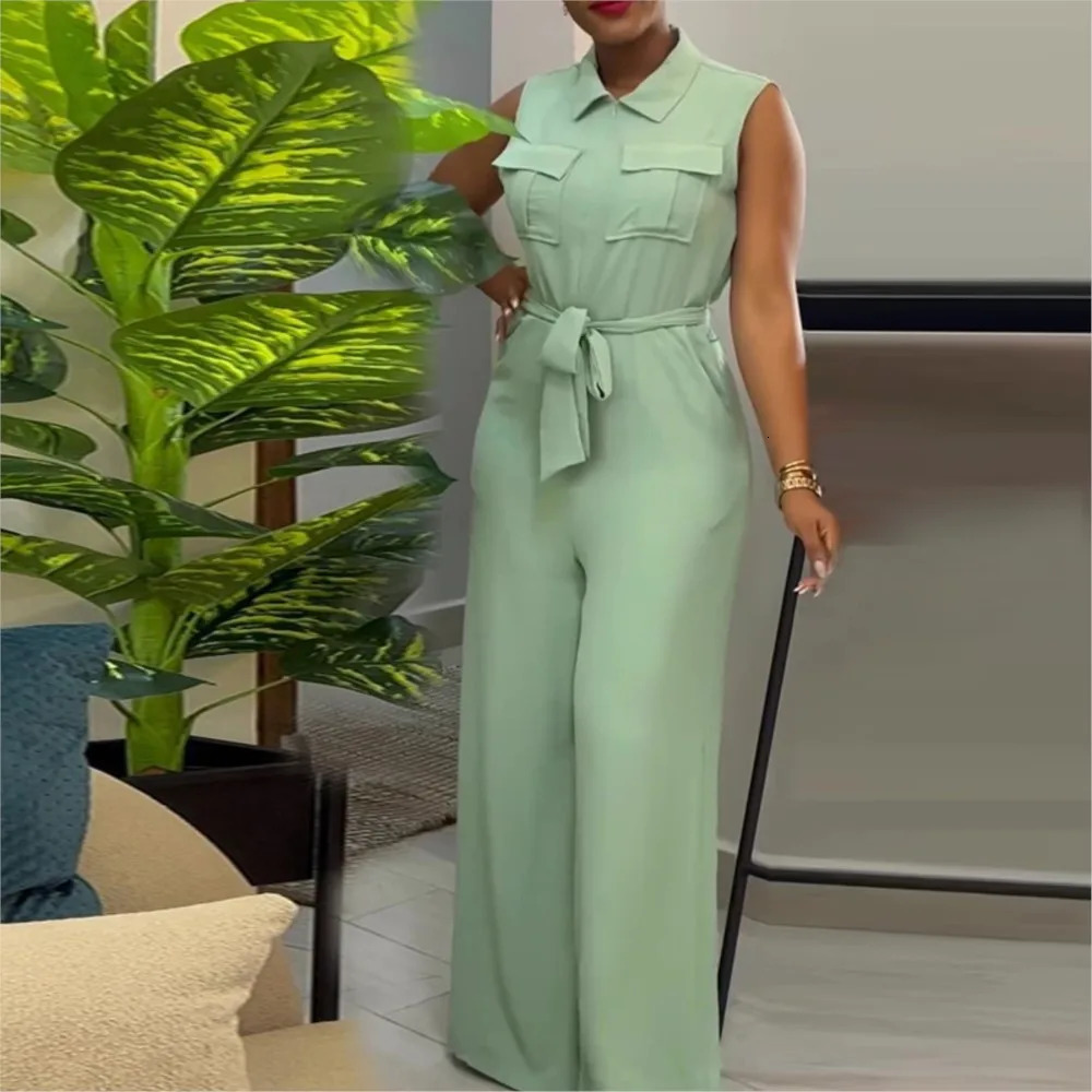 Spring Summer Sleeveless Wide Leg Jumpsuit Women Turndown Neck Pocket Front Zipper Fly Street One Piece Suit Playsuits