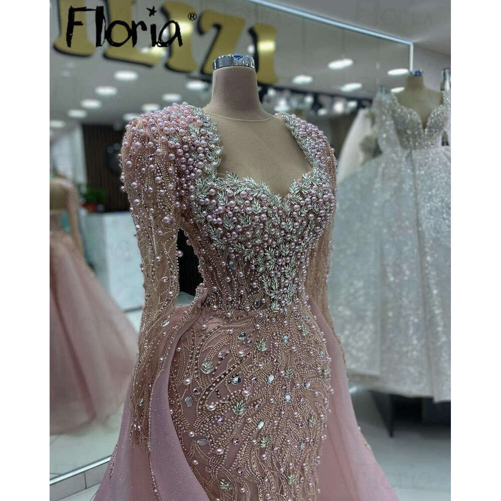 Sparkg Pink 2024 Women Evening High Back Long Sleeve Pearls Party Gowns With Overskirts Dubai Formal Prom Dress