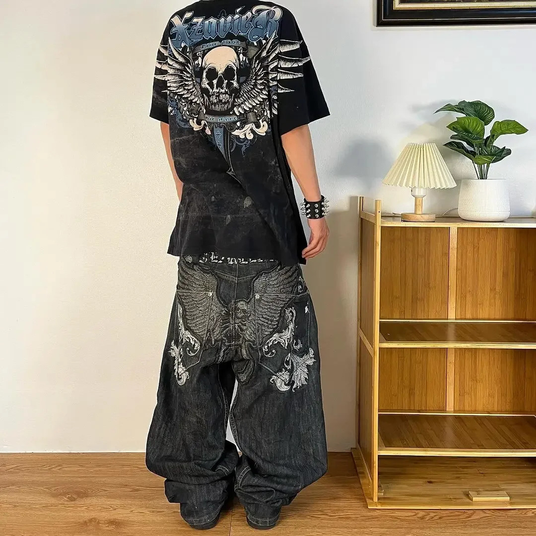 2024 American Retro Skull Wings Embroidered Baggy Jeans Men And Women Y2K Harajuku Hip-hop Gothic Wide Trousers Streetwear 240808