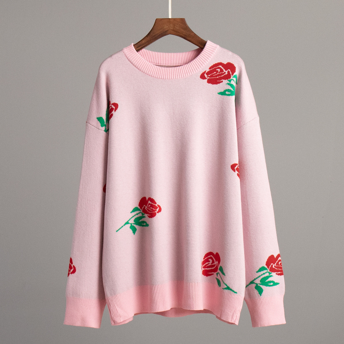 Round Neck Rose Print Sweater Knitted Sweater Autumn and Winter New Versatile Loose Pullover Sweater for Women