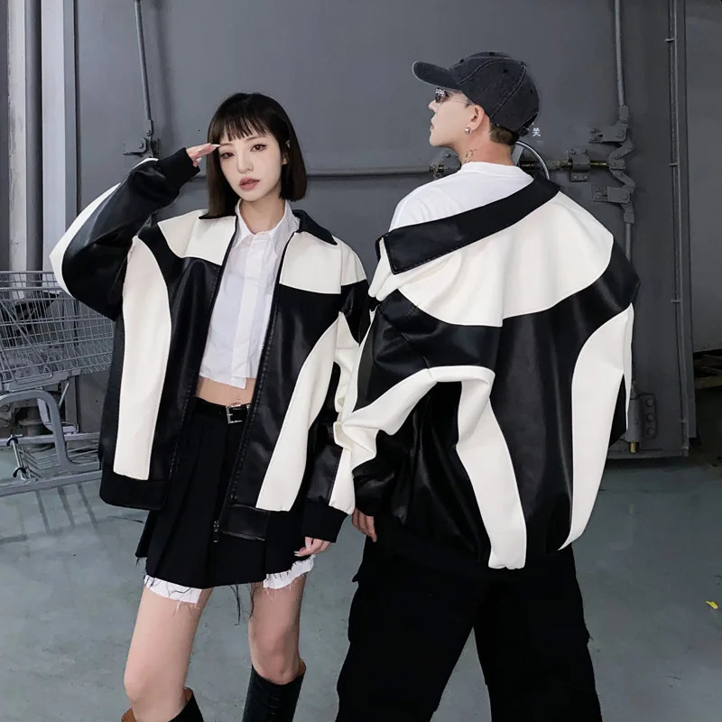 Motorcycle leather jacket mens street retro American patch work Pu racing jacket loose casual cool jacket unisex240808