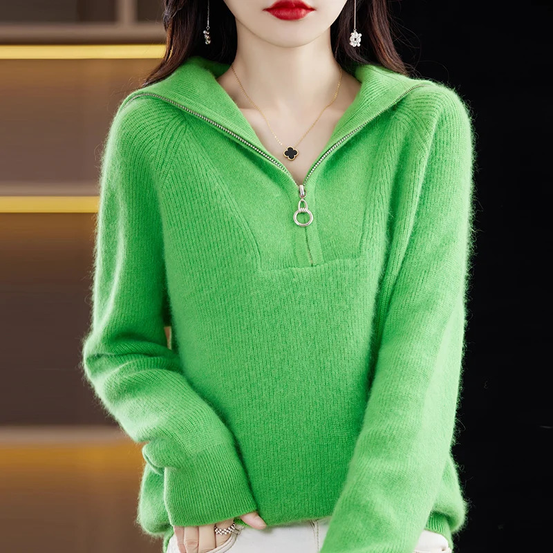 Lapel mink cashmere womens autumn and winter thick sweater loose half zip lazy knit pullover top 240812