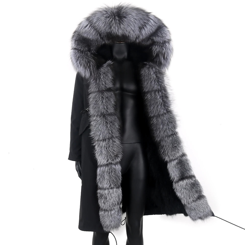 Winter X-Long Gray Natural Real Fox Fur Jacket Coats Men Fashion Real Fur Coat Long Parkas Winter Black Parka Removable 240809