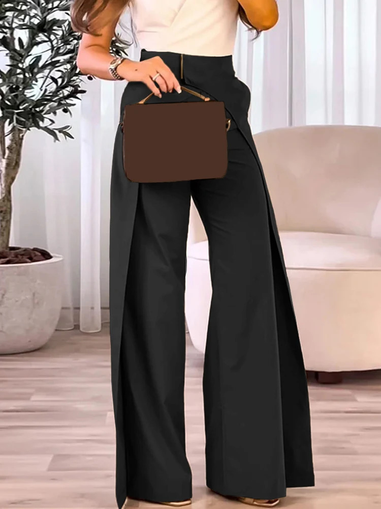 Womens Pants Fashion Womens Casual Bottom High Waist Overlap Asymmetrical Wide Leg Pants Elegant Solid Female Trouser 240809
