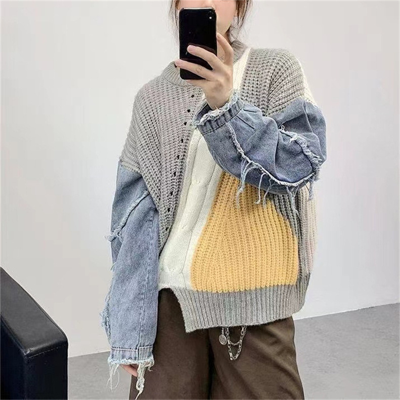 loose denim coarse needle spliced knitted sweater jacket for spring and autumn winter new women's top pullover Korean version dongdumaoyi