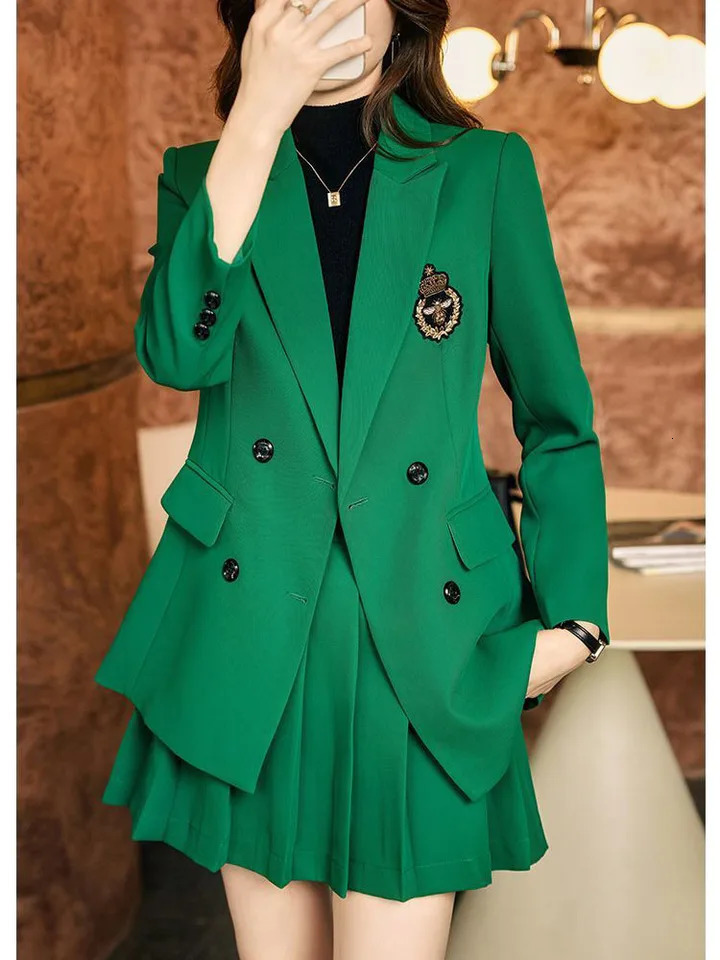 Harajuku Loose Suit Pleated Skirt Two-Piece Set Spring Autumn Jacket BlazerMini A-Line Skirts Loose 2 Piece Suit 240815