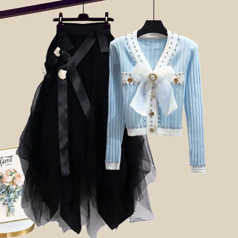 Spring/Summer Set Womens Korean Fashion Bow Sweater Age Reducing Half Skirt Elegant Womens Two Piece Set 240809