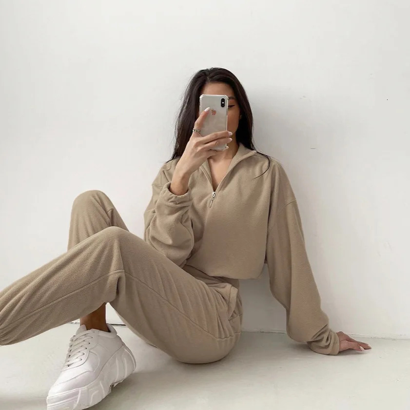 Fashion Women Sport 2piece Set Casual Longsleeve Halfhigh Lapel Zipper Hoodie Pocket Trousers Loose Suit Lady Pants Outfits 240808