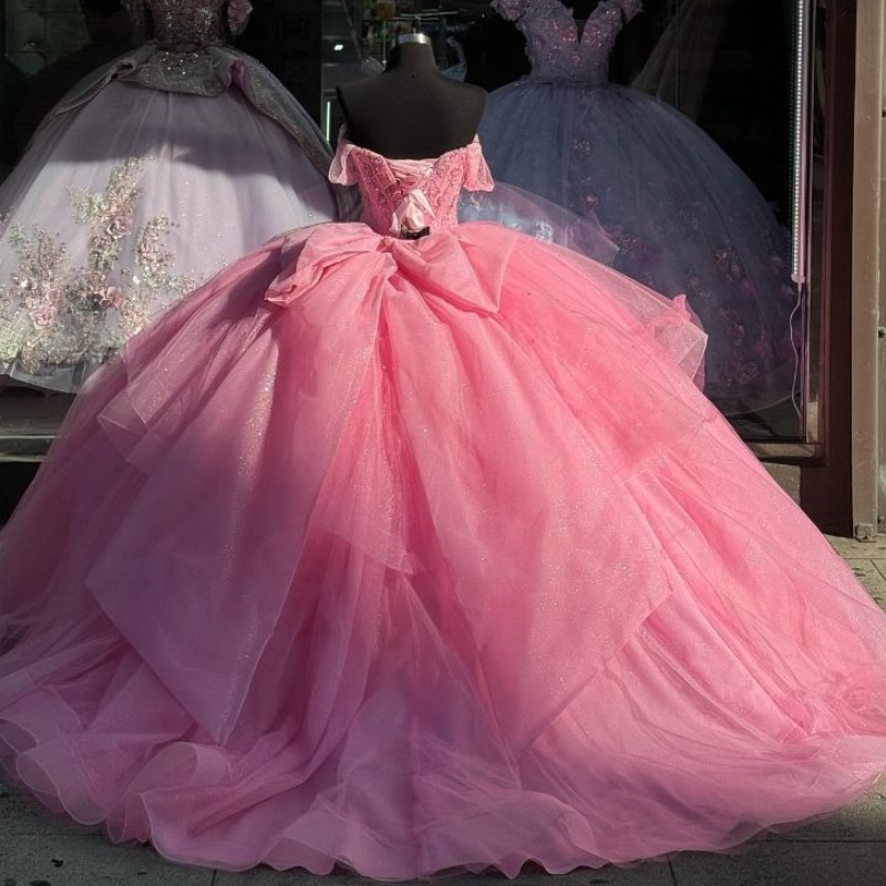 Pink Shiny Quinceanera Dresses Mexican Off the Shoulder Ball Gown Beads Crystal Bow Tull Princess Sweet 16 Vestido De 15 Anos