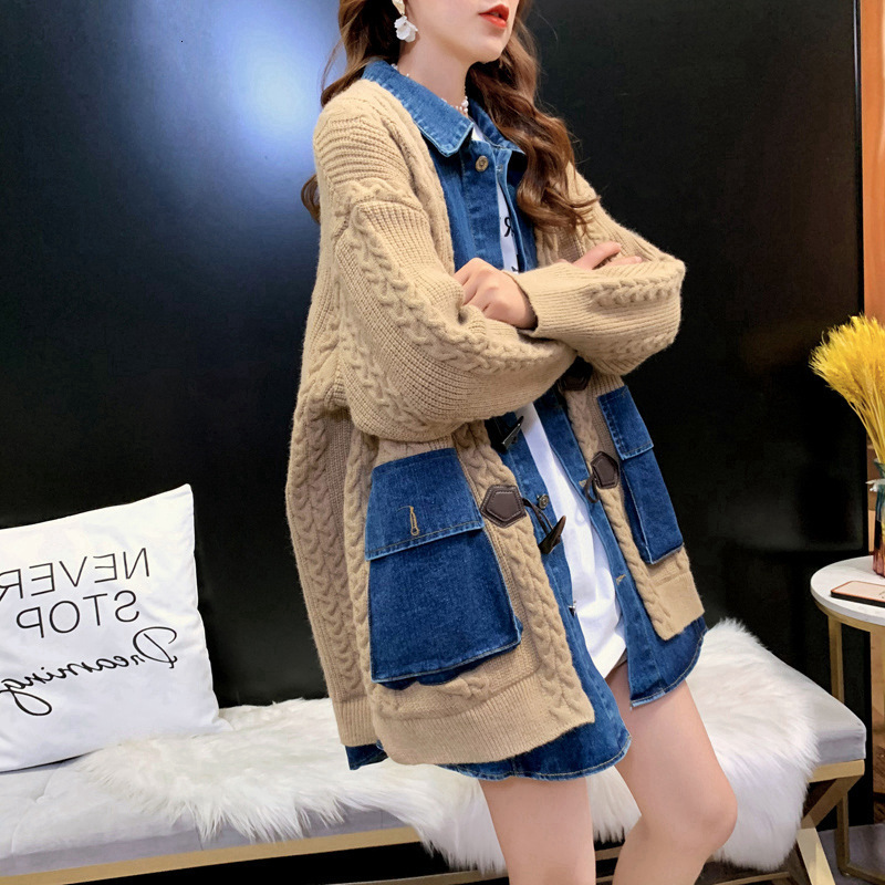 New Spliced Denim Oversized Loose Fake Two-piece Sweater Cardigan for Women Autumn and Winter Lazy Style Knitted Sweater Jacket