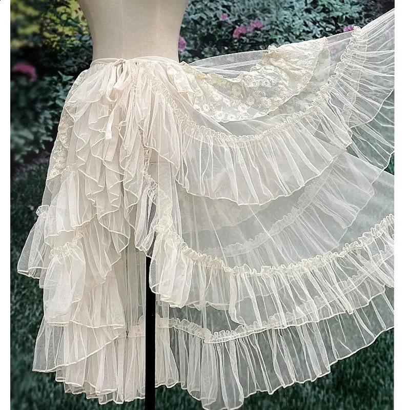 Double Layered Lolita Waist Curtain Sheer Cover Up High Low Skirt w. Asymmetrical Ruffles 240809