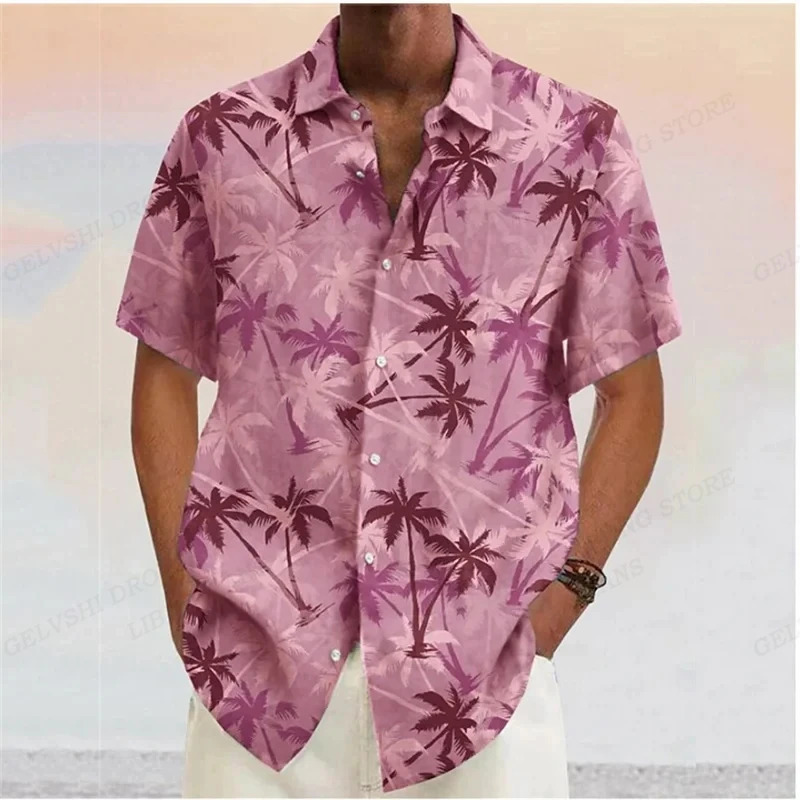 Summer Men Hawaiian Shirts Coconut Tree Lapel Camisas Men Fashion Short Sleeve Shirt Floral Blouse Turn Over Collar Clothes Male 240808