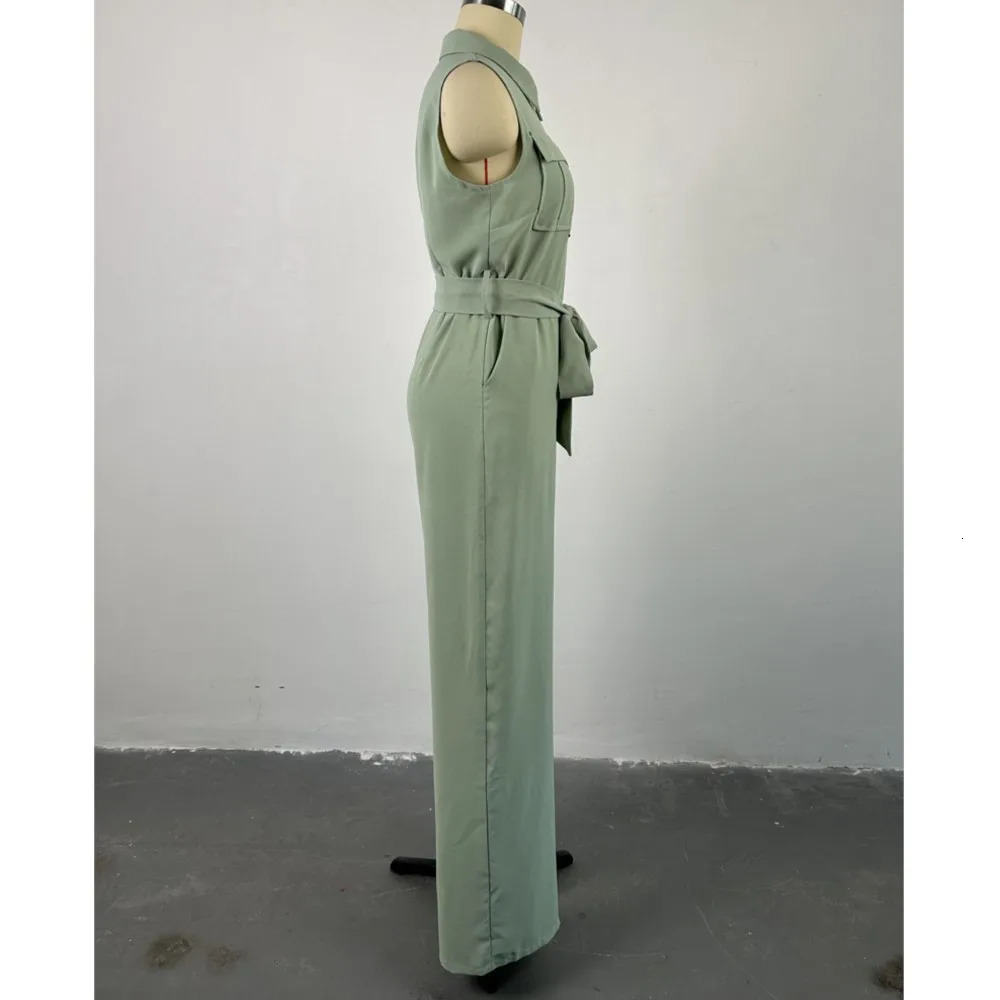 Spring Summer Sleeveless Wide Leg Jumpsuit Women Turndown Neck Pocket Front Zipper Fly Street One Piece Suit Playsuits