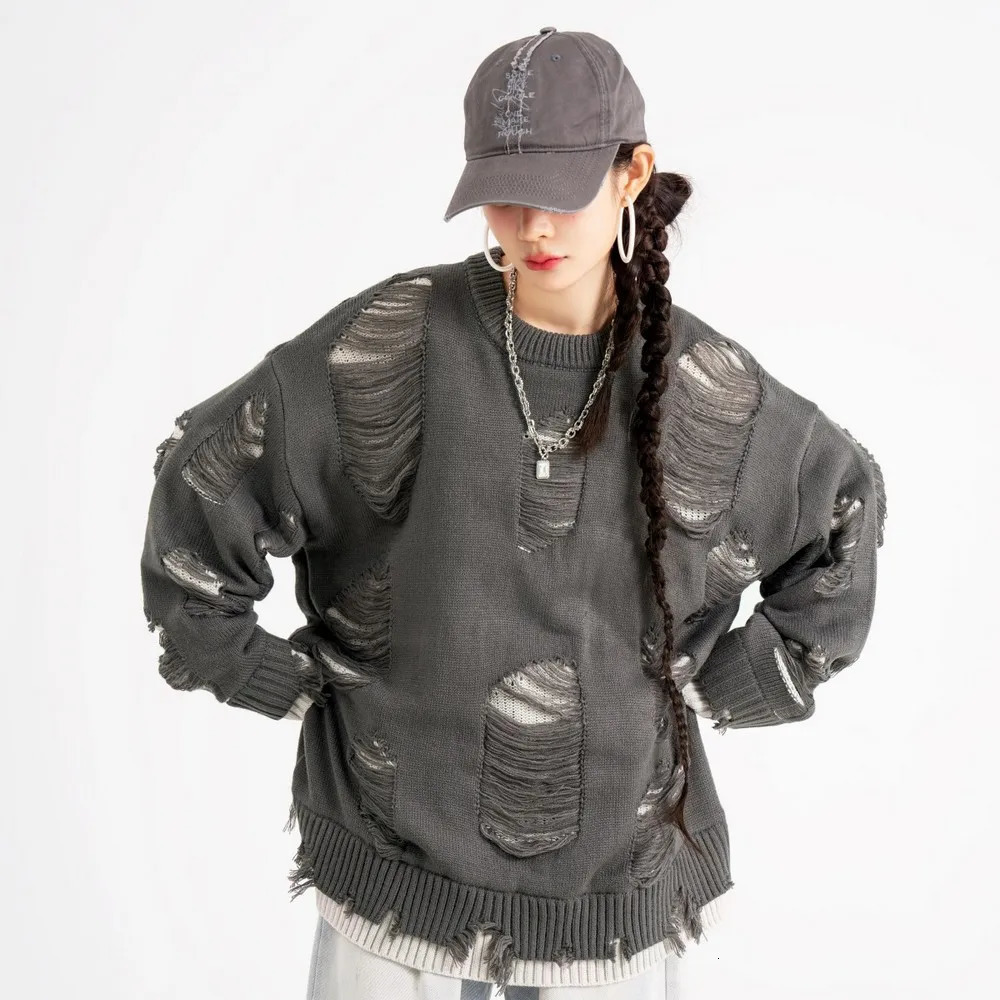 Distressed Ripped Holes Mens Aesthetic Sweater Knitted y2k Mens Clothing Winter Fashion Womens Gothic Street Clothing240808