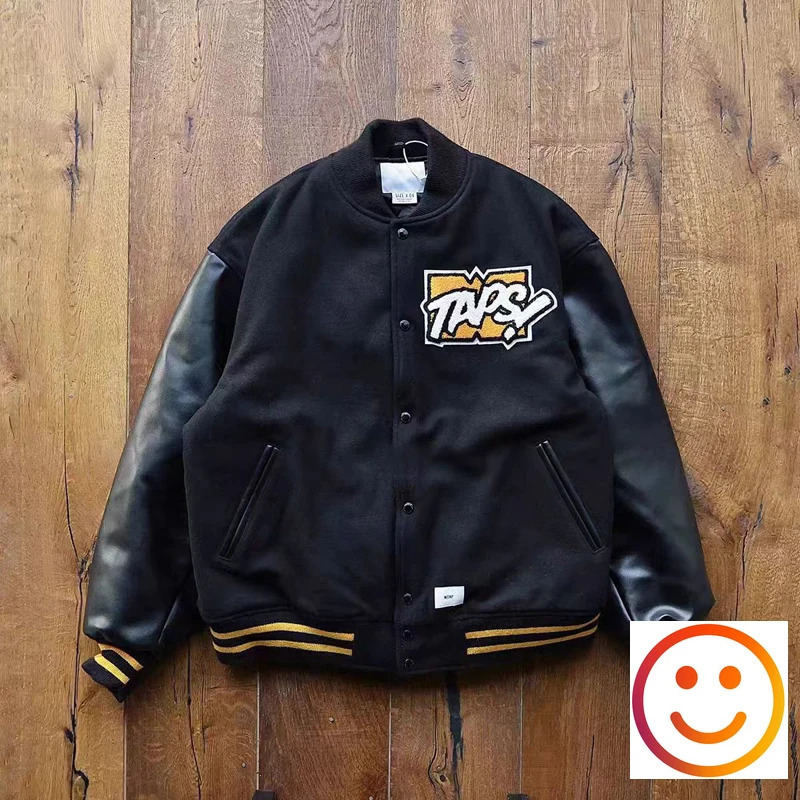 Leather WTAPS Embroidered Towel Patch University Baseball Jacket Japan Mens And Womens Quality Work Black Coat 24