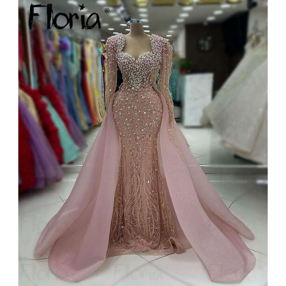 Sparkg Pink 2024 Women Evening High Back Long Sleeve Pearls Party Gowns With Overskirts Dubai Formal Prom Dress