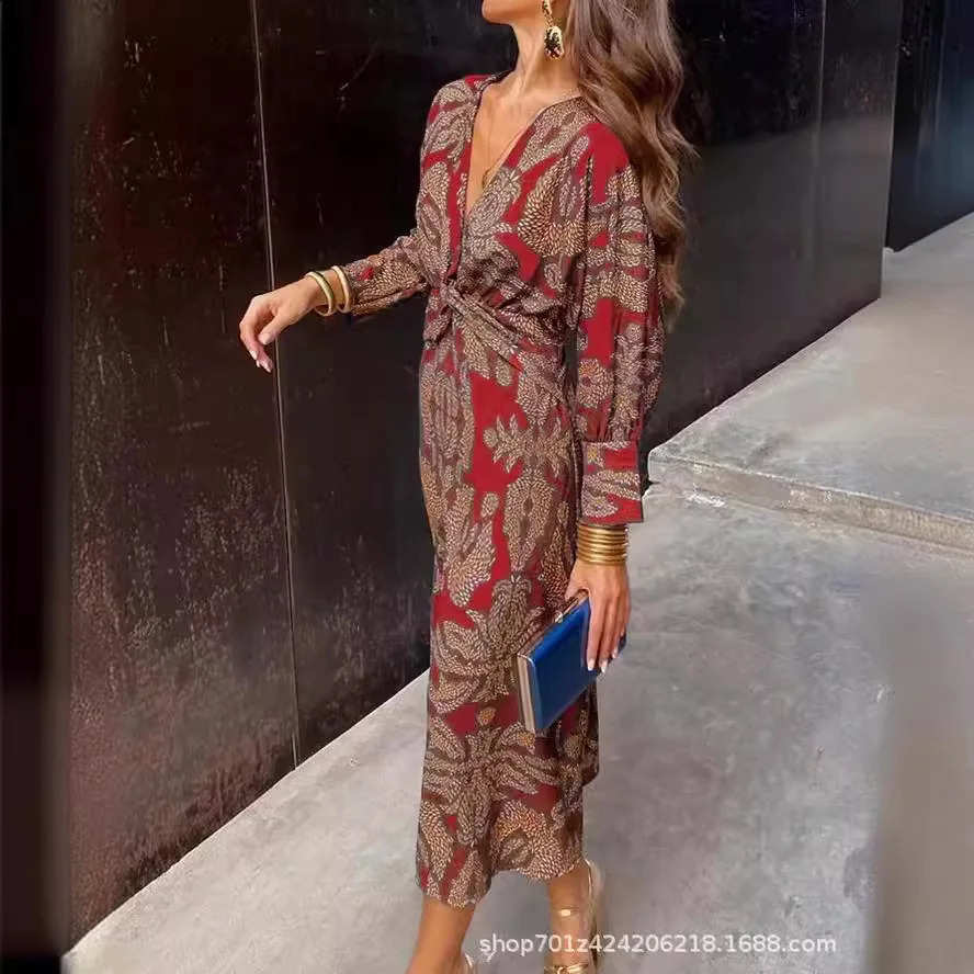 Spring Summer Fashion Printed Dress Women Elegant OL Retro Printed V-neck Long Sleeved Slim Dress Women 240807