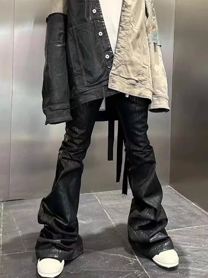 Streetwear Black Wax Leather Strecth Jeans for Men Ropa Hombre Baggy Y2k Flare Pants Oversized Straight Denim Trousers 240821