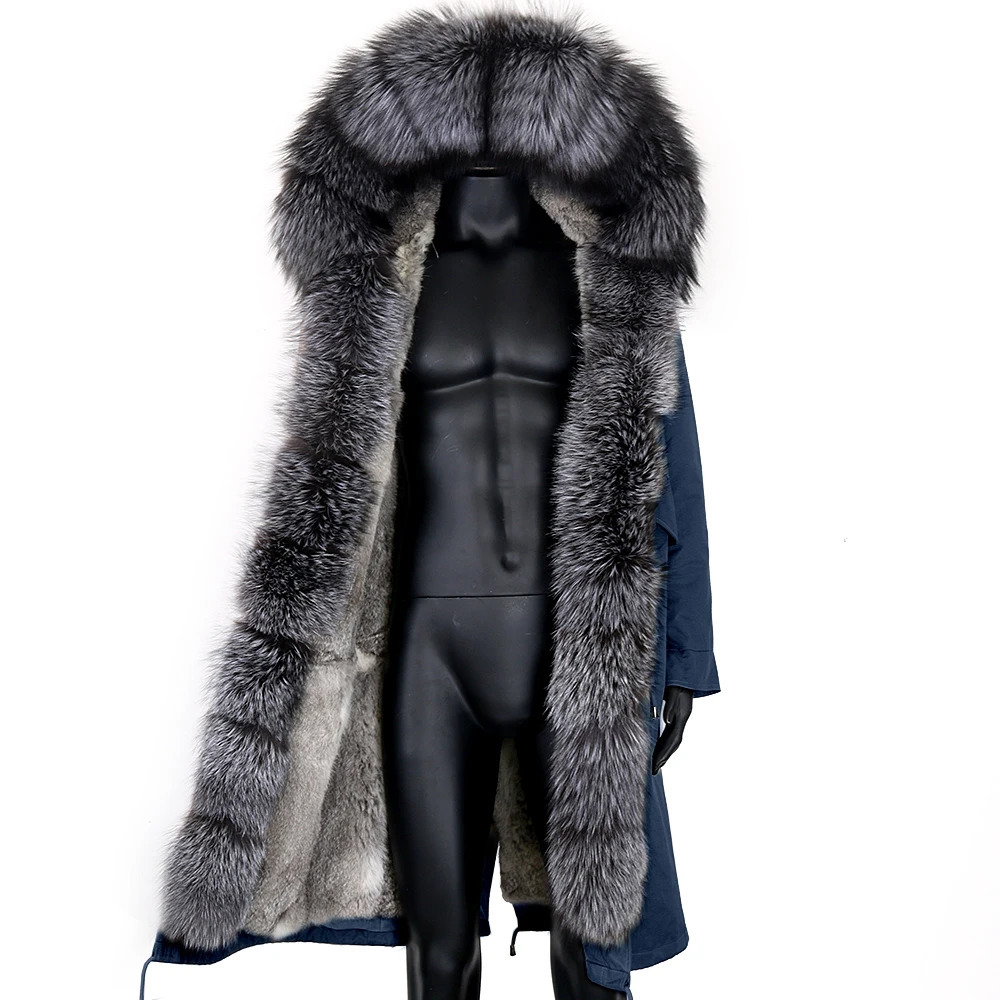 Winter X-Long Gray Natural Real Fox Fur Jacket Coats Men Fashion Real Fur Coat Long Parkas Winter Black Parka Removable 240809