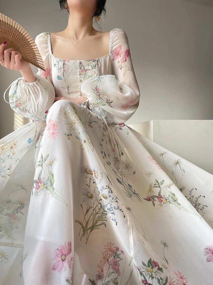 French Vinatge Evening Party Long Dresses for Women Floral A-line Princess Dress Lantern Sleeve Spring Summer Prom Robe Vestidos 240809