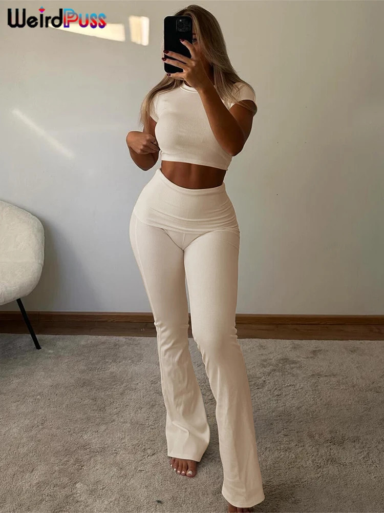 Weird Puss Casual Women Tracksuit 2piece Set Solid Short Sleeve Crop TopsFlare Pants Skinny Elastic Matching Streetwear Outfits 240808