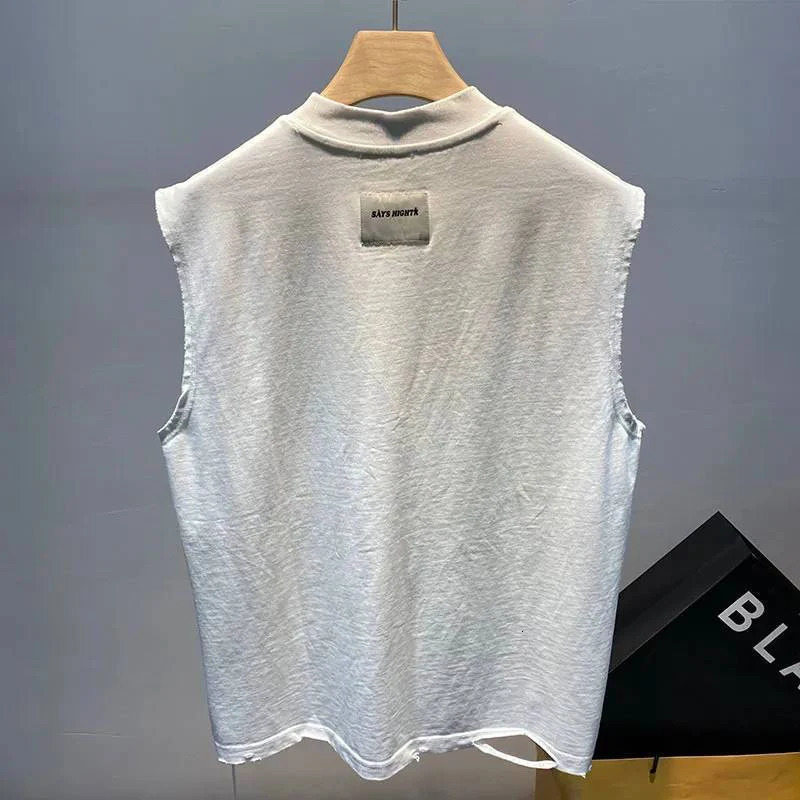 Summer Tear Hole O-neck Mens Tank Top Fashion Personality Casual 2xl Oversized T-shirt Sportswear Daily Street Black and White240808