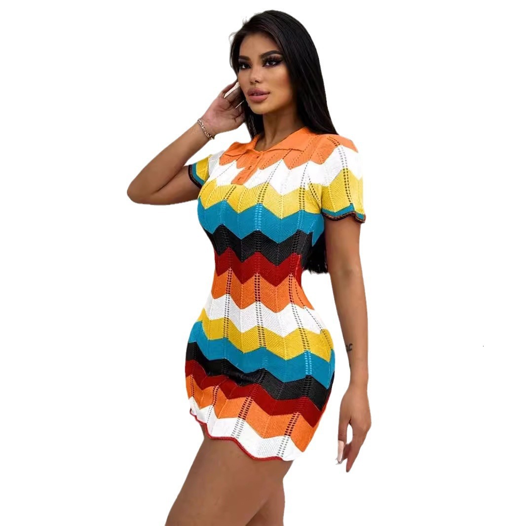New Contrasting Polo Collar Knitted Hip Hugging Fashionable Sweater Slim Fit Dress