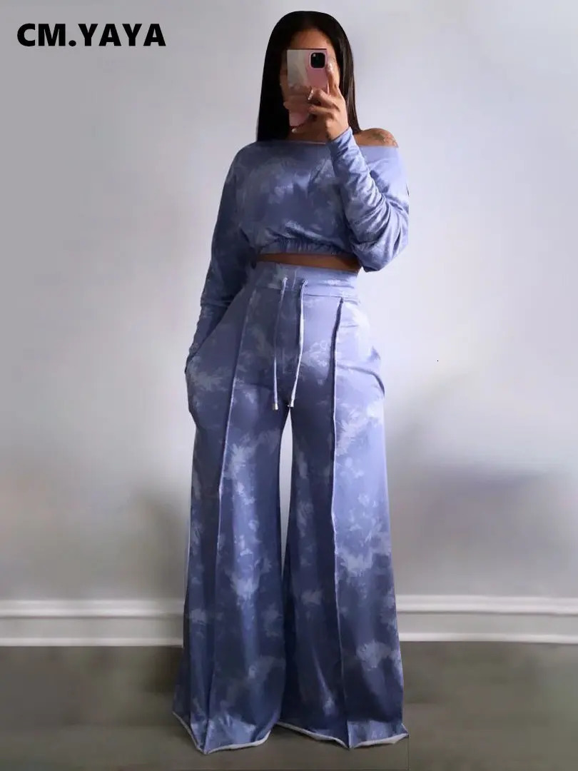 CMYAYA Tie Dye Womens Tracksuit Off Shoulder Long Sleeve Tshirt and Loose Pants Matching Two 2 Piece Set Outfits Sweatsuit 240808
