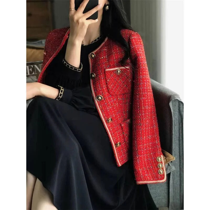 Vintage Red Tweed Coat Womens Autumn/Winter French Vintage Loose and Versatile Show Thin Temperament Woolen Jacket Fem 240812