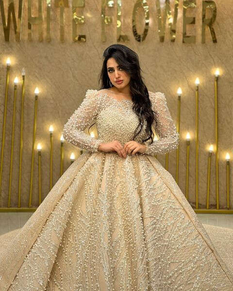 Wedding Dress BABYONE Illusion-Neck Sparking Dia Pearls Bodice Full Over All Princess Ball Epmire Gown Bride