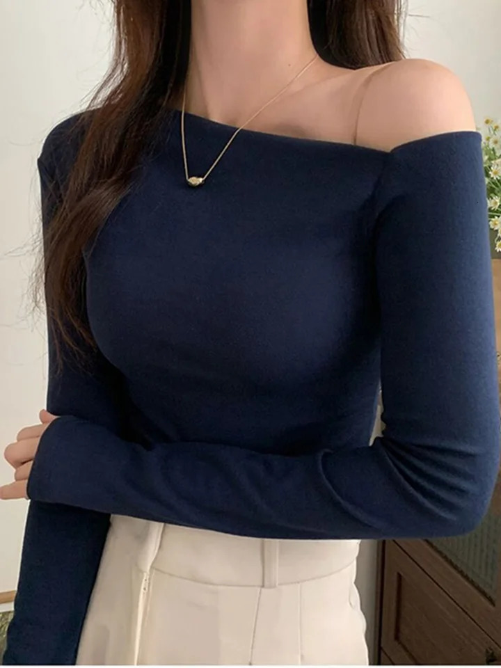 Womens Long Sleeve Shoulder Top Y2k Retro Street Korean Cut Autumn 240809